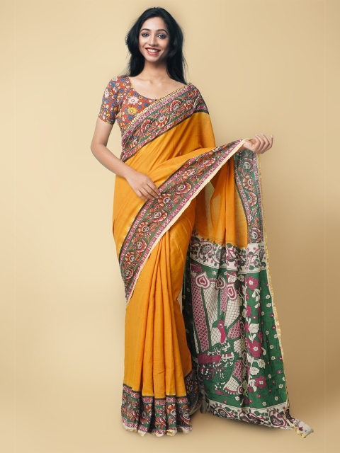 

Unnati Silks Orange & Green Kalamkari Pure Cotton Kanjeevaram Handloom Saree