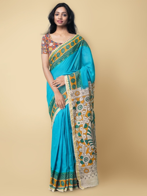 

Unnati Silks Turquoise Blue & Yellow Kalamkari Pure Cotton Kanjeevaram Saree