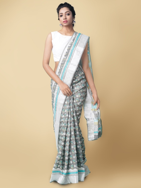

Unnati Silks Women Grey & Turquoise Blue Pure Hand Block Printed Kerala Cotton Sustainable Saree