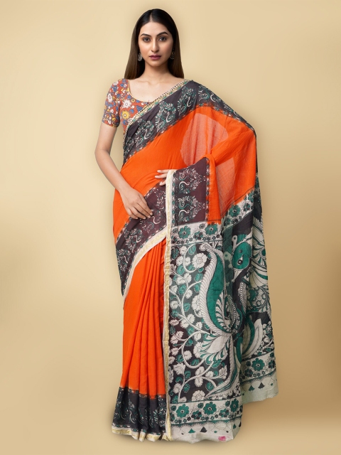 

Unnati Silks Orange Kalamkari Pure Cotton Saree