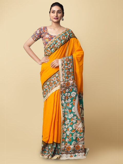 

Unnati Silks Orange & Green Kalamkari Pure Cotton Saree