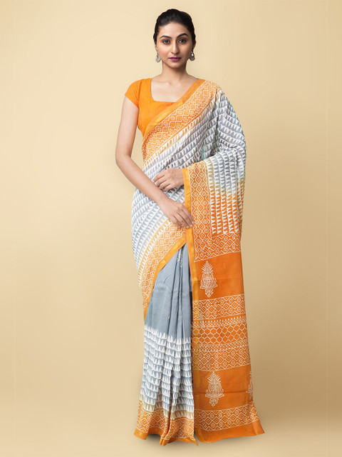 

Unnati Silks Grey & Orange Silk Cotton Chanderi Saree