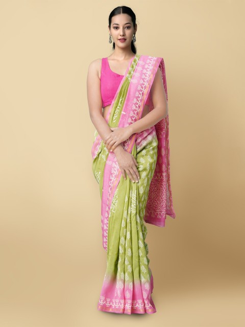 

Unnati Silks Green & Pink Floral Silk Cotton Chanderi Saree