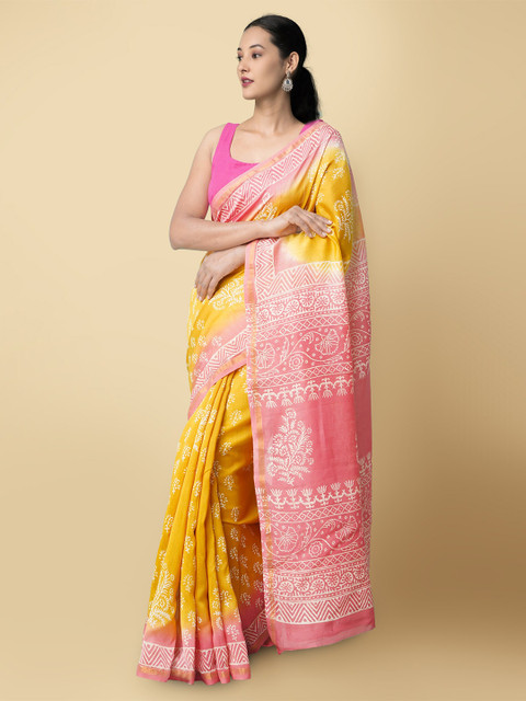

Unnati Silks Yellow & Pink Ethnic Motifs Silk Cotton Chanderi Saree
