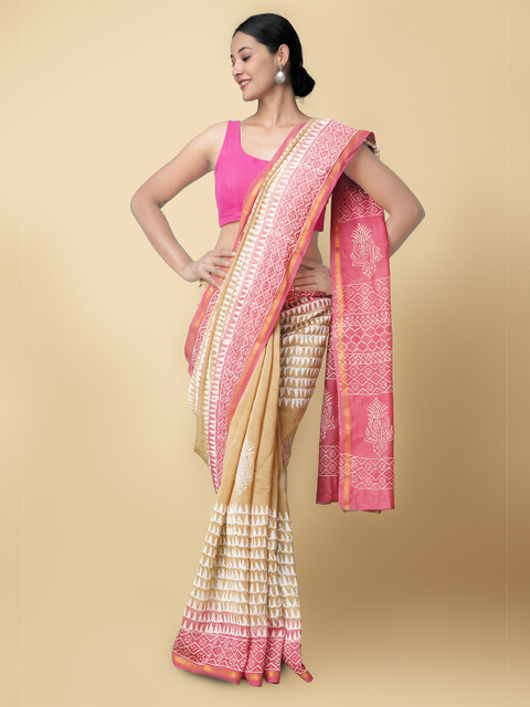 

Unnati Silks Brown & Pink Ethnic Motifs Silk Cotton Chanderi Saree