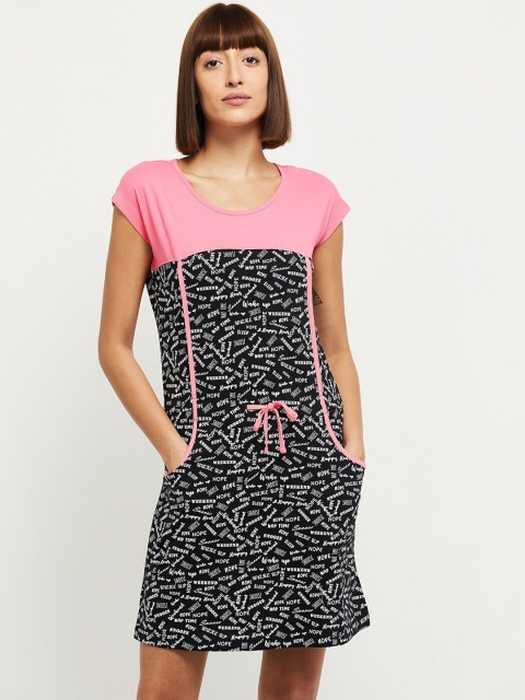 

max Women Black & Pink Typography Printed Night Dress