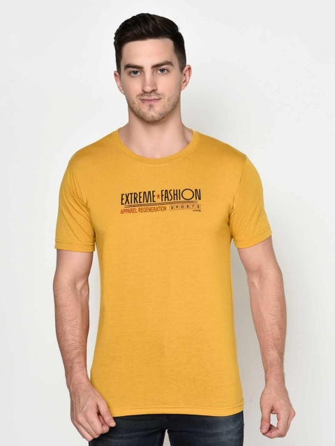 

ELEGANCE Men Mustard Yellow & Black Typography Printed T-shirt