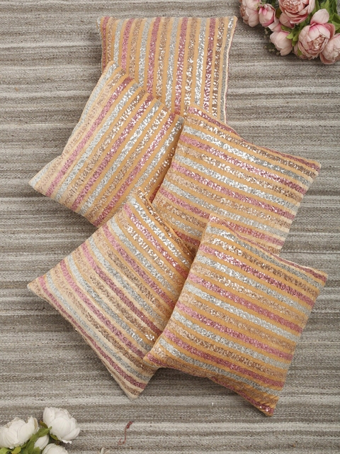 

HOSTA HOMES Beige & Silver-Toned Set of 5 Embellished Square Cushion Covers