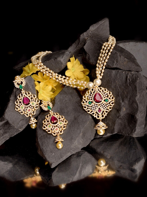 

Saraf RS Jewellery Gold-Plated AD & Red CZ-Studded & Beaded Handcrafted Jewellery Set