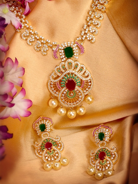 

Saraf RS Jewellery Women Gold-Toned & Multi-Coloured CZ-Studded Handcrafted Jewellery Set