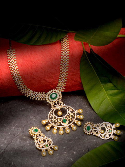 

Saraf RS Jewellery Gold-Plated White & Green AD & CZ-Studded & Beaded Handcrafted Jewellery Set