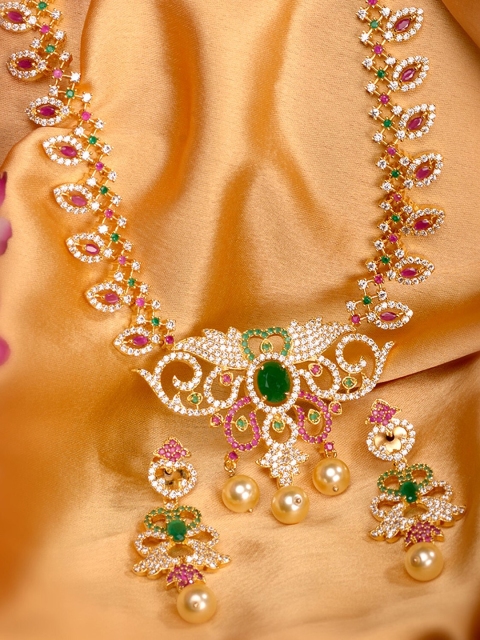 

Saraf RS Jewellery Gold-Plated Pink & Green AD-Studded Handcrafted Jewellery Set