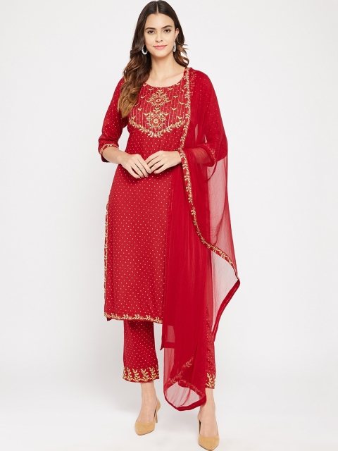 

Prakhya Women Maroon Ethnic Motifs Embroidered Regular Kurta with Palazzos & With Dupatta