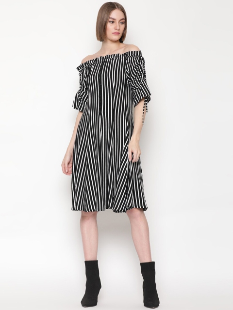 

V2 Value & Variety Black Striped Off-Shoulder A-Line Dress