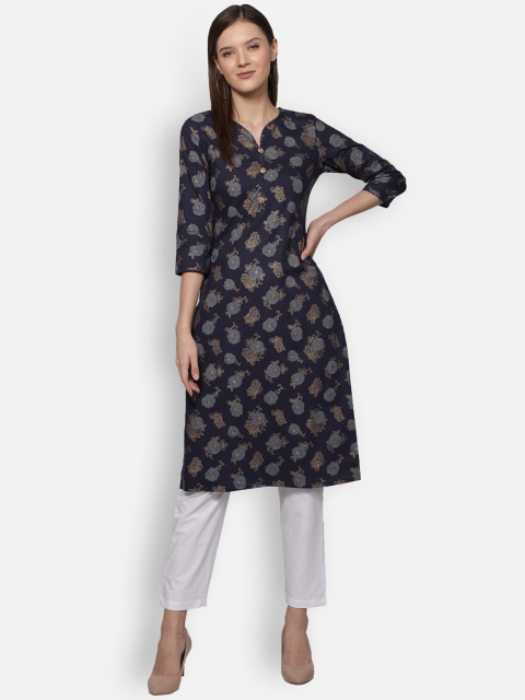 

Dipsha Women Blue Ethnic Motifs Printed Angrakha Pure Cotton Kurta with Trousers