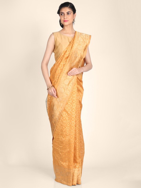 

Shruti and Mangaaysh Mustard & Gold-Toned Ethnic Motifs Zari Silk Blend Banarasi Saree