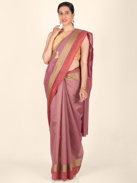 

Shruti and Mangaaysh Pink & Red Floral Silk Blend Banarasi Saree