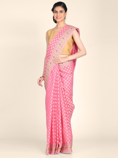 

Shruti and Mangaaysh Pink & Yellow Floral Zari Silk Blend Banarasi Saree