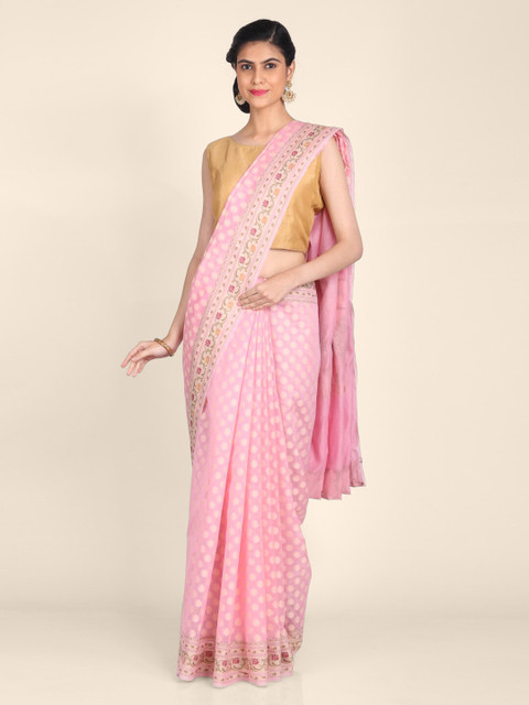 

Shruti and Mangaaysh Pink Woven Design Silk Blend Banarasi Saree
