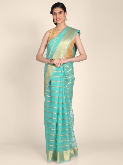 

Shruti and Mangaaysh Sea Green & Gold-Toned Striped Silk Blend Handloom Banarasi Saree