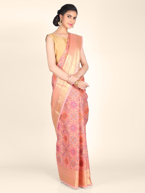 

Shruti and Mangaaysh Peach-Coloured & Gold-Toned Ethnic Motifs Zari Art Silk Banarasi Saree
