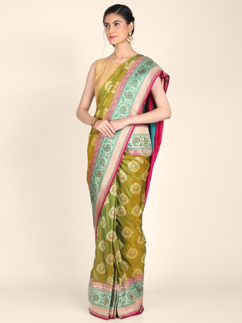 

Shruti and Mangaaysh Olive Green & Magenta Ethnic Motifs Handloom Banarasi Saree