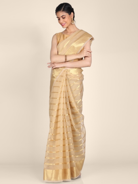 

Shruti and Mangaaysh Beige & Gold-Toned Striped Silk Blend Handloom Banarasi Saree