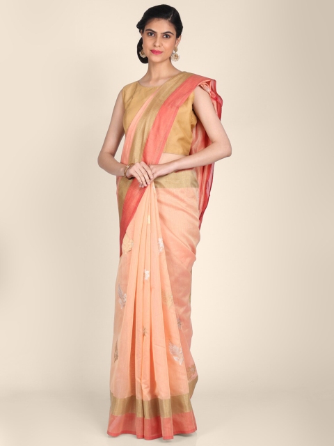 

Shruti and Mangaaysh Peach-Coloured & White Floral Zari Handloom Banarasi Saree