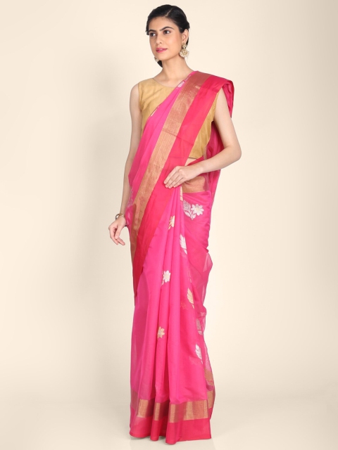 

Shruti and Mangaaysh Pink & Red Floral Silk Blend Handloom Banarasi Saree