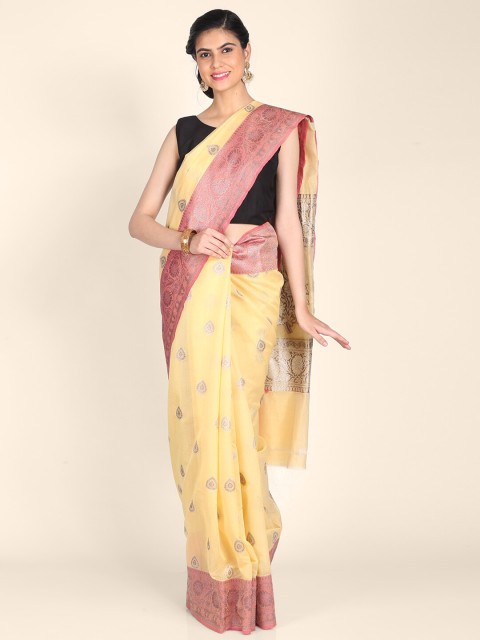 

Shruti and Mangaaysh Yellow & Silver-Toned Ethnic Motifs Handloom Banarasi Saree