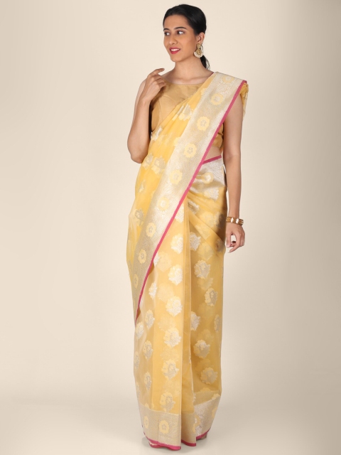 

Shruti and Mangaaysh Yellow & Silver-Toned Woven Design Silk Blend Handloom Banarasi Saree