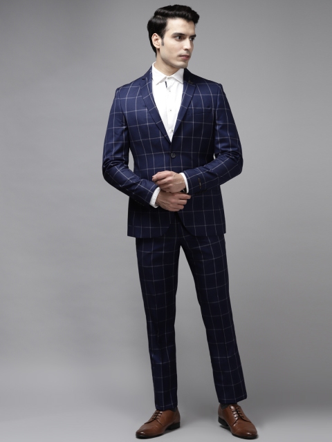 

Blackberrys Men Navy Blue & White Checked Slim Fit Suit