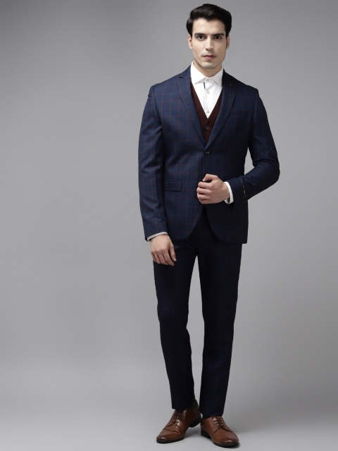 

Blackberrys Men Navy Blue & Rust Brown Checked Slim Fit Suit