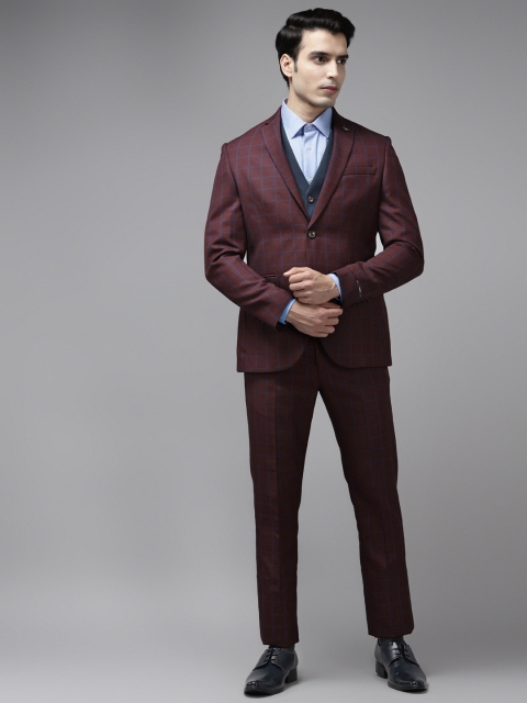 

Blackberrys Men Maroon & Blue Checked Slim Fit Single-Breasted Formal Suit
