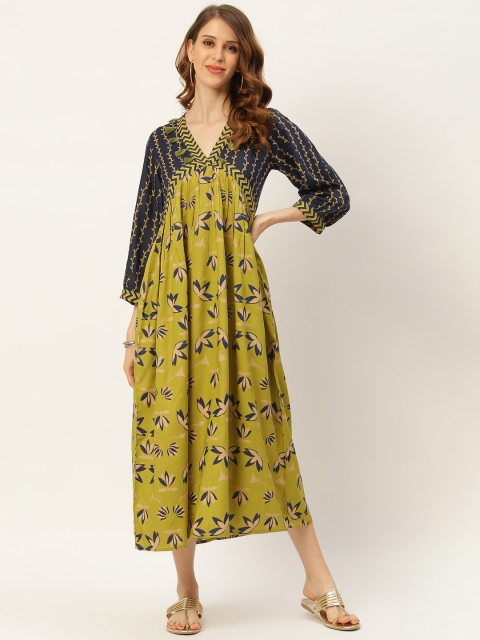 

Rustorange Women Olive Green & Navy Blue Floral A-Line Midi Dress