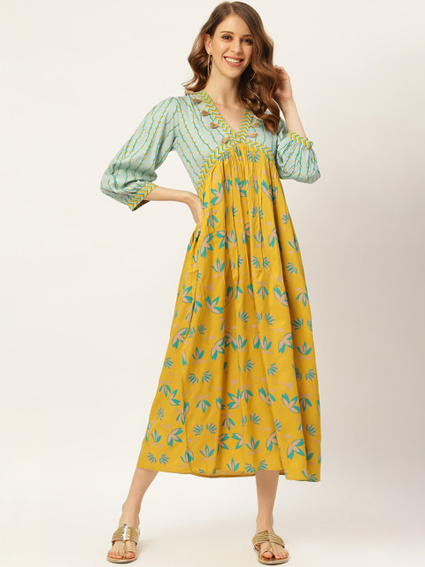 

Rustorange Women Yellow & Blue V-Neck Floral A-Line Midi Dress