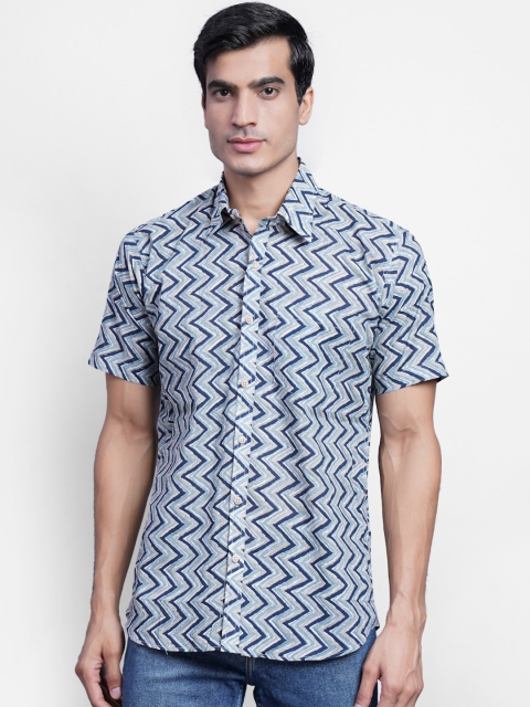 

Wintage Men Blue & Grey Chevron Printed Cotton Casual Shirt