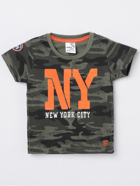 

max Boys Green & Mustard Yellow Typography Printed T-shirt
