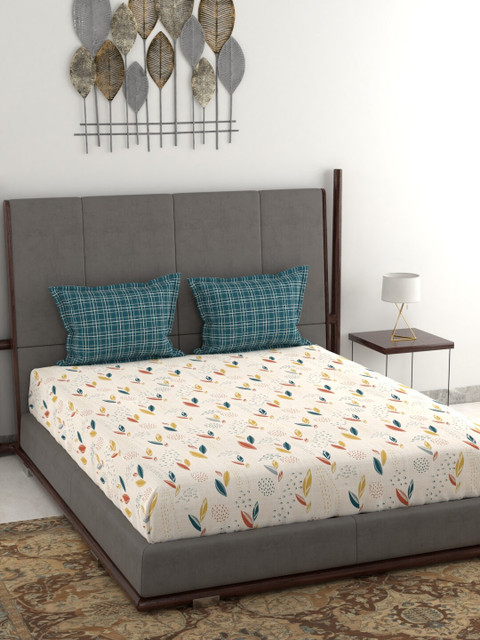 

Trident Cream-Coloured & Yellow Floral 144 TC Queen Bedsheet with 2 Pillow Covers