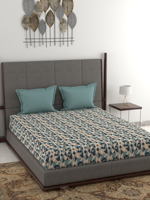 

Trident Sea Green & Beige Geometric 144 TC Queen Bedsheet with 2 Pillow Covers