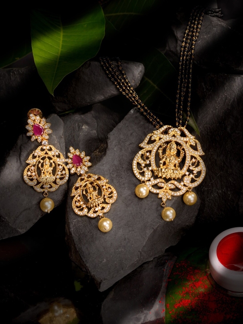 

Saraf RS Jewellery Women Gold-Plated AD Studded Traditional Temple Pendant and Earrings