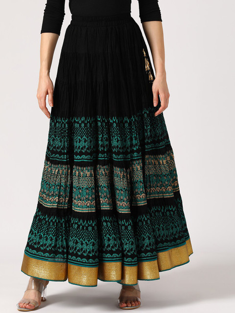 

V2 Value & Variety Black & Sea-Green Printed Pure Cotton Flared Maxi Skirt