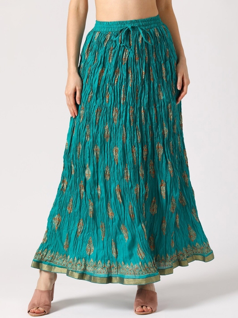 

V2 Value & Variety Women Sea-Green & Gold-Coloured Printed Crushed Flared Maxi Skirt