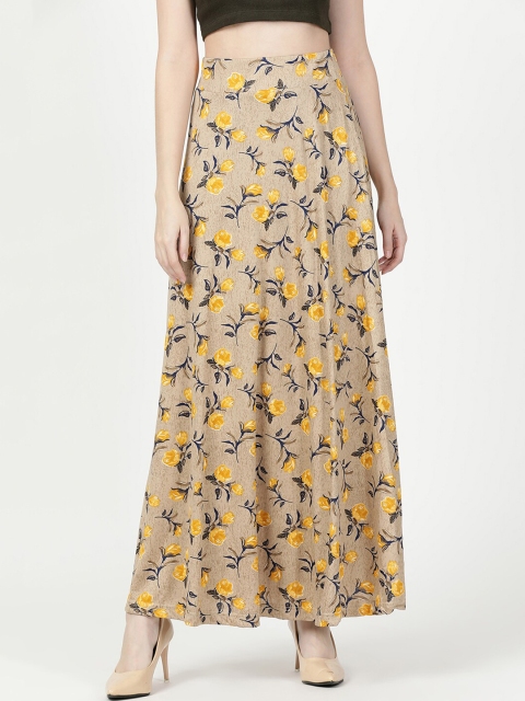 

V2 Value & Variety Women Mustard Yellow & Beige Printed Flared Maxi Skirt