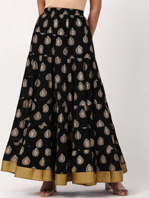

V2 Value & Variety Women Black & Beige Printed Pure Cotton Flared Maxi Skirt