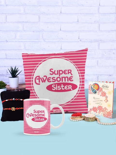 

Archies Pink & White Mug & Cushion Rakhi Gift Set