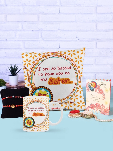 

Archies Yellow & White Mug & Cushion Rakhi Gift Set