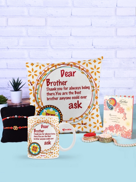

Archies White & Yellow Mug & Cushion Rakhi Gift Set