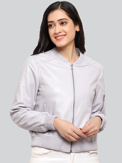 

echt Women Lavender Leather Crop Bomber Jacket