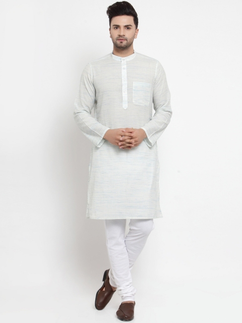 

NEUDIS Men White and Blue Solid Band Collar Straight Kurta